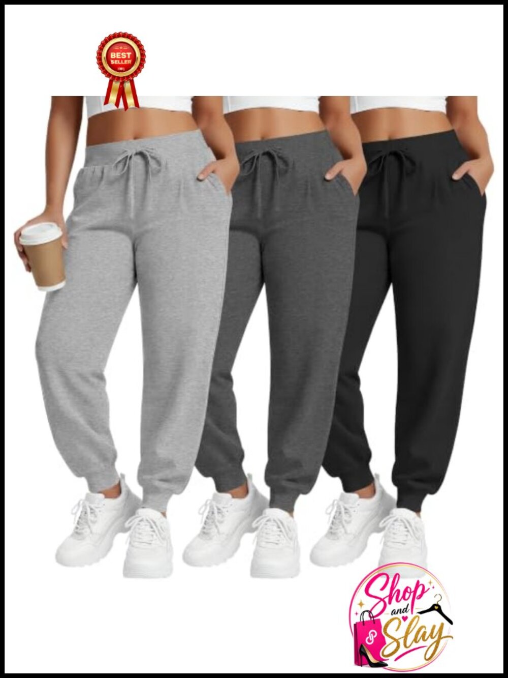 Plus Size Yoga Joggers Drawstring High Waist Pockets 3 Pack